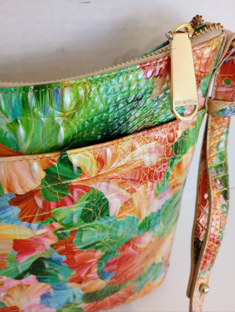 Brahmin Katie Taffy Melbourne Croc Embossed Leather Floral Crossbody Purse - Picture 8 of 13
